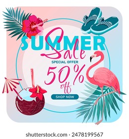 Poster, sticker, leaflet - summer sale, special offer, discounts up to 50 per cent. Tropical leaves, flamingo, cocktail, coconut.