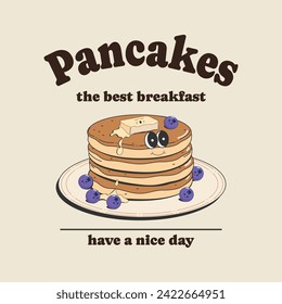 Poster, sticker, print with cute, cartoon pancakes with blueberries. trendy vector illustration in retro style of the 60s-70s for cafe and restaurant menus.