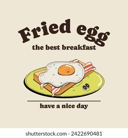 Poster, sticker, print with a cute cartoon fried egg with bacon on toast. trendy vector illustration in retro style of the 60s-70s for cafe and restaurant menus.