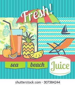 Poster or sticker for store design fresh juices and shops on the beach. Vector illustration