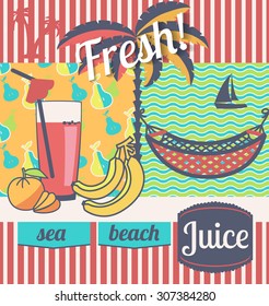 Poster or sticker for store design fresh juices and shops on the beach. Vector illustration