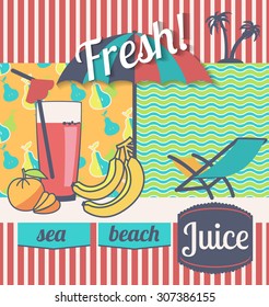 Poster or sticker for store design fresh juices and shops on the beach. Vector illustration
