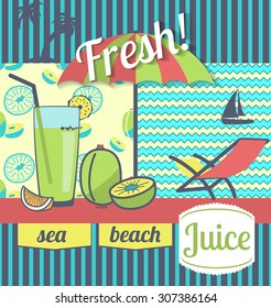 Poster or sticker for store design fresh juices and shops on the beach. Vector illustration