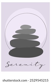 Poster with stones in balance. Neutral pastel purple poster in vertical A4 format. Interior minimalist poster in flat style. Isolated on white background. Zen and tranquility cover for printing.