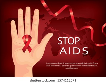 poster of stop aids day with hand and ribbon vector illustration design