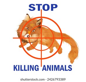 Poster to stop animal hunt. Fox in crosshair sight. Vector Illustration.