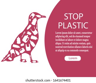 
Cartel alto plástico. El pájaro está lleno de plástico. Proteger el medio ambiente. Ilustración vectorial con lugar para el texto.