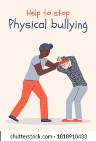 Poster to stop and prevent physical bullying with older boy bullying a younger boy, cartoon vector illustration. Physical abuse and violence in teenagers society.