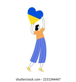 Poster Stop the war in Ukraine. Girl with a heart in Ukrainian colors. Support and fundraising for displaced persons. Volunteering, help and donations for peace in Ukraine flat vector illustration.