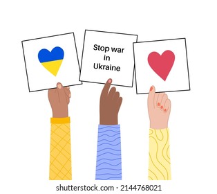 Poster Stop the war in Ukraine. Hand with a heart in Ukrainian colors. Support and fundraising for displaced persons. Volunteering, help and donations for peace in Ukraine flat vector illustration.