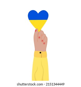Afiche Detengan la guerra en Ucrania. Mano con corazón en los colores ucranianos. Apoyo y recaudación de fondos para las personas desplazadas. Ilustración vectorial plana de voluntarios, ayuda y donaciones para la paz en Ucrania.