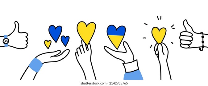 Poster Stop the war in Ukraine. Hands with a heart in Ukrainian colors. Support and fundraising for displaced persons. Volunteering, help and donations for peace in Ukraine flat vector illustration.