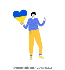 Poster Stop the war in Ukraine. Man with a heart in Ukrainian colors. Support and fundraising for displaced persons. Volunteering, help and donations for peace in Ukraine flat vector illustration.