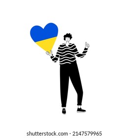 Poster Stop the war in Ukraine. Man with a heart in Ukrainian colors. Support and fundraising for displaced persons. Volunteering, help and donations for peace in Ukraine flat vector illustration.