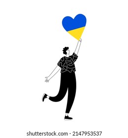 Poster Stop the war in Ukraine. Man with a heart in Ukrainian colors. Support and fundraising for displaced persons. Volunteering, help and donations for peace in Ukraine flat vector illustration.