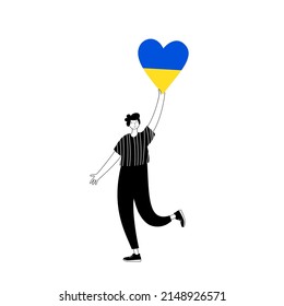 Poster Stop the war in Ukraine. Man with a heart in Ukrainian colors. Support and fundraising for displaced persons. Volunteering, help and donations for peace in Ukraine flat vector illustration.