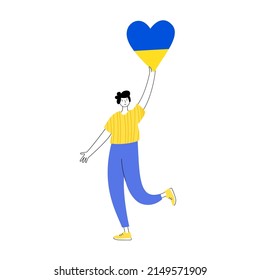 Poster Stop the war in Ukraine. Man with a heart in Ukrainian colors. Support and fundraising for displaced persons. Volunteering, help and donations for peace in Ukraine flat vector illustration.