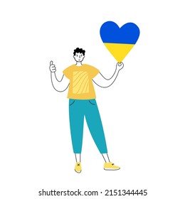 Afiche Detengan la guerra en Ucrania. Hombre con corazón de colores ucranianos. Apoyo y recaudación de fondos para las personas desplazadas. Ilustración vectorial plana de voluntarios, ayuda y donaciones para la paz en Ucrania.