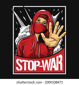 poster of stopping war with person action who wearing a red hoodie. cartoon urban graphic illustration
