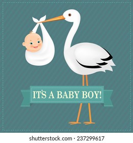 Poster Stork With Baby Boy With Gradient Mesh, Vector Illustration