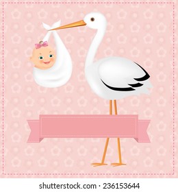 Poster Stork With Baby Girl With Gradient Mesh, Vector Illustration