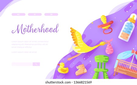 Poster with stork carrying bundle, soother, bassinette, child chair, shoe, feeding bottle, duck bath toy. Congratulation for newborn. Vector concept of baby shower party, childbirth preparation.