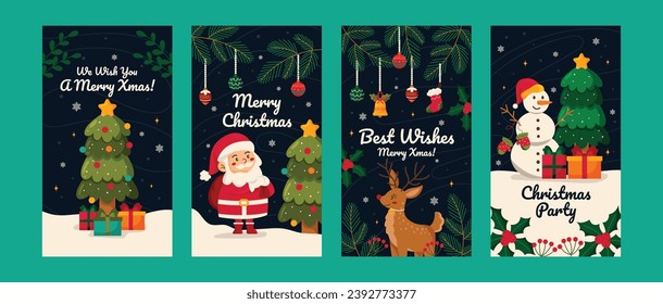 Poster and Story Reels Social Media vertical merry christmas celebration with illustration of santa claus and snowman vector collection for happy new year 2024