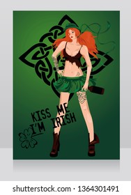 Poster for st.Patrick's Day with redhead lady, vector illustration