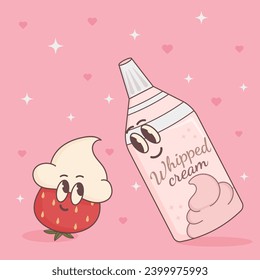 Poster with strawberries and a can of whipped cream in retro style