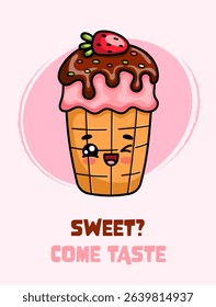 Poster with strawberry chocolate ice cream. Kawaii style cute sweet dessert.