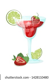 Poster with strawberry daiquiri cocktail composition, strawberry and lime slices. Vector illustration