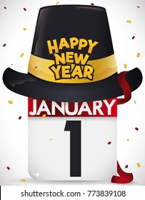 Poster with streamer, confetti shower and a black party hat with greetings over a loose-leaf calendar for New Year's celebration and the date of the first day of the year.