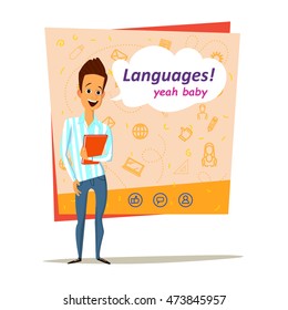 poster for students theme.With speech bubble isolated on white background.Cute and simple flat cartoon style.cheerful of boy standing with book.young character. elements for design. personage. person