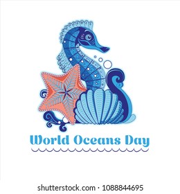 Poster in the style of handmade with a wave, seahorse, starfish and a shell for World Ocean Day