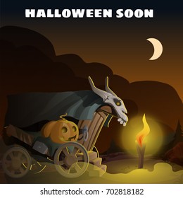 Poster in style of holiday all evil Halloween party. Little scary house on wheels with a head of pumpkin and bull skull at midnight by the light of the moon. Vector cartoon close-up illustration.