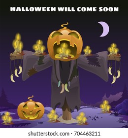 Poster in style of holiday all evil Halloween. Scarecrow with a head of pumpkin at midnight by the light of the moon. Jack-o-lantern with burning candles inside. Vector cartoon close-up illustration.