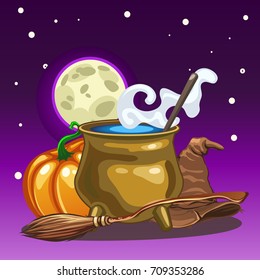 Poster in style of holiday all evil Halloween. Attributes of witchcraft and witch at midnight by the light of the moon. Copper pot with boiling water, hat, broom. Vector cartoon close-up illustration.