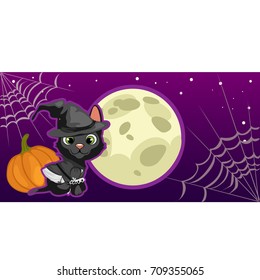 Poster in style of holiday all evil Halloween. A little black kitten in witch hat at midnight by the light of the moon. Vector cartoon close-up illustration.