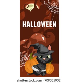 Poster in style of holiday all evil Halloween. A little black kitten in witch hat at midnight by the light of the moon. Vector cartoon close-up illustration.