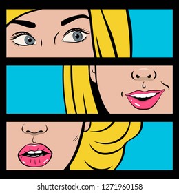 Poster in the style of pop art. Collage. Female eyes and lips close-up. Black frame. Vector illustration in comic style.