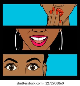Poster in the style of pop art. Collage. African women's eyes and lips close-up. Black frame. Vector illustration in comic style.