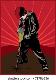 poster style vector illustration construction worker with jackhammer