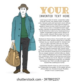 Poster with stylish dude in sketch style and text. Vector collection.