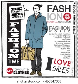 Poster with stylish dude in sketch style. Vector collection.