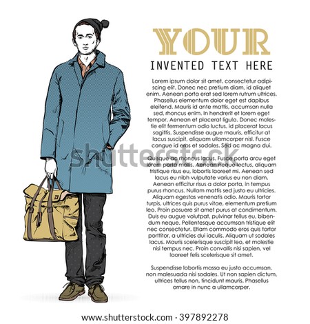 Poster with stylish dude in sketch style and text. Vector collection.