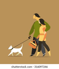 Poster with stylized people who go along on a walk Panchromatic