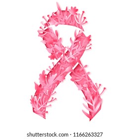 Poster with stylized pink ribbon. Symbol of breast cancer awareness month in october. Ribbon with paper flowers. Vector illustration.