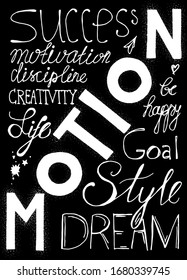 Poster Success Motion Original Hand Drawn Quote on Chalkboard Background. Funny Words Style and Dream, Goal and Happy, Motivation and Creativity, Monochrome Template Vector Flat Illustration