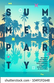 Poster for summer and beach party background. Invitation palm tree template flyer design. Tropical Sunset 