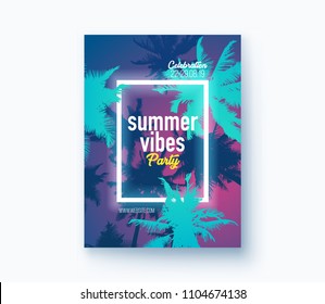 Poster for summer and beach party background. Graphic design poster tropical palms. Party, interior, wrapping, wedding, invitation poster. Vector jungle illustration